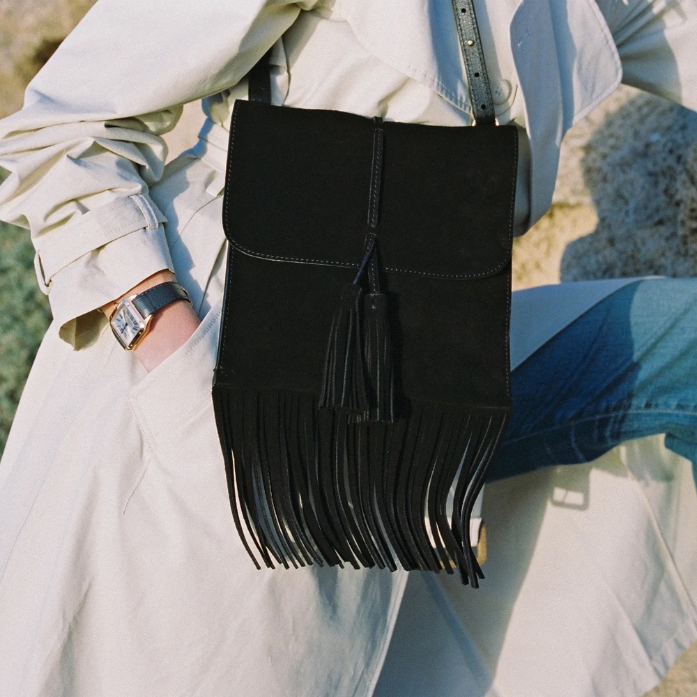 NILI LOTAN Suede Fringe Crossbody Bag Black